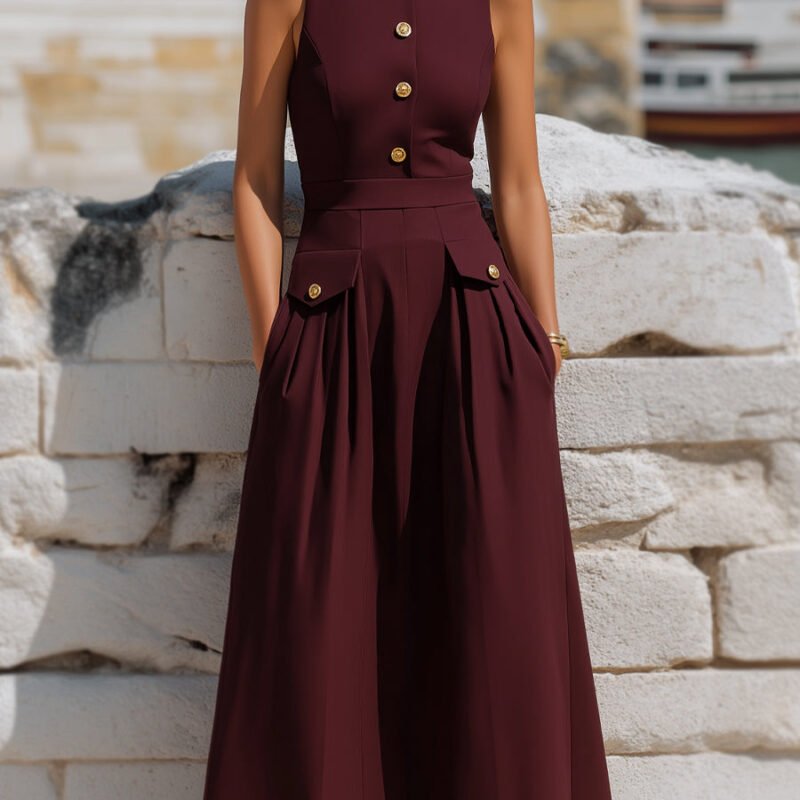 Sleeveless Button-Front Maxi Dress With Structured Pleat Detail