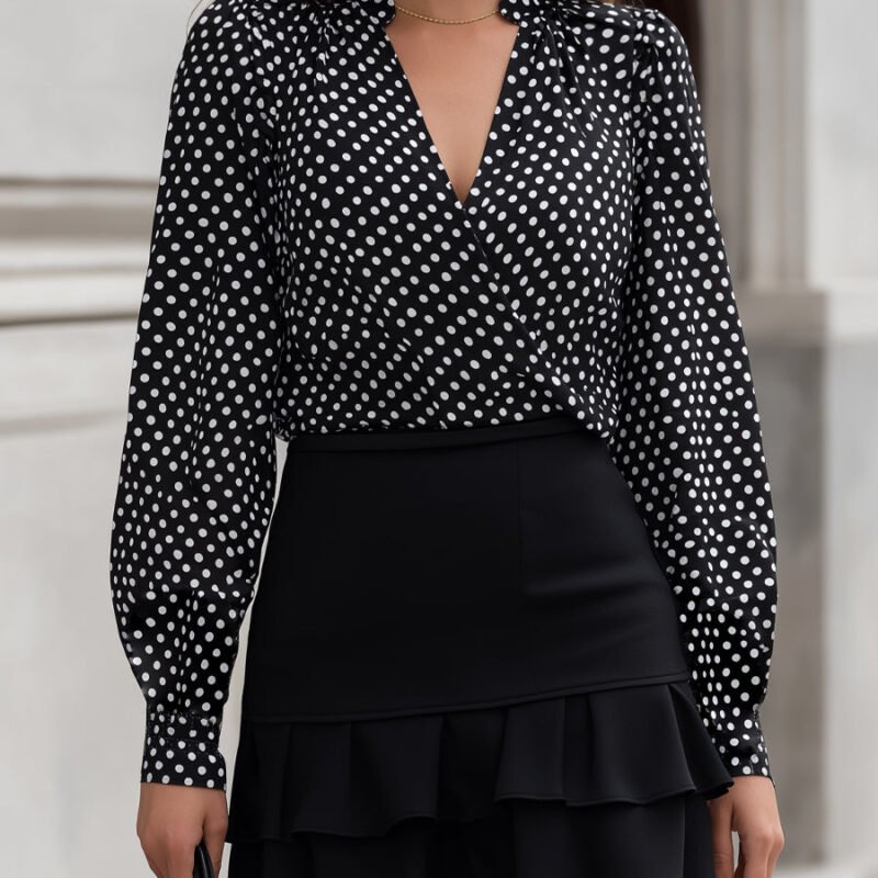 Polka Dot Wrap Blouse & Ruffled Mini Skirt Set