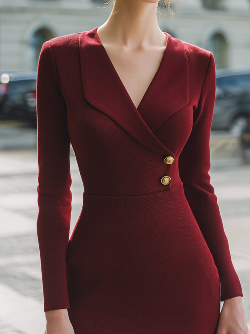 Elegant Buttons Woven Blazer-Style Dress - Image 2