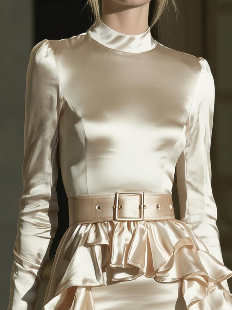 Ivory Satin High-Neck Mini Dress With Double Side Ruffle And Waist Belt - Image 2