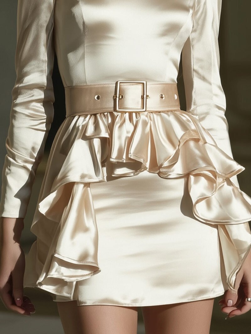 Ivory Satin High-Neck Mini Dress With Double Side Ruffle And Waist Belt - Image 3