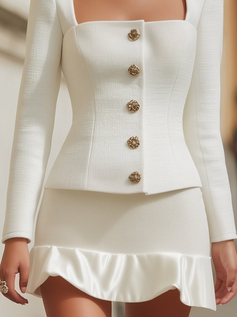 Textured Button Blazer & Satin-Trim Mini Skirt Set - Image 3