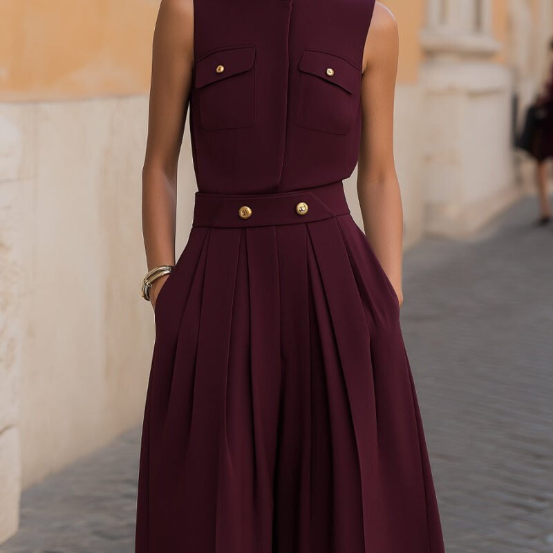 Sleeveless Stand Collar Blouse & Pleated Culotte Set